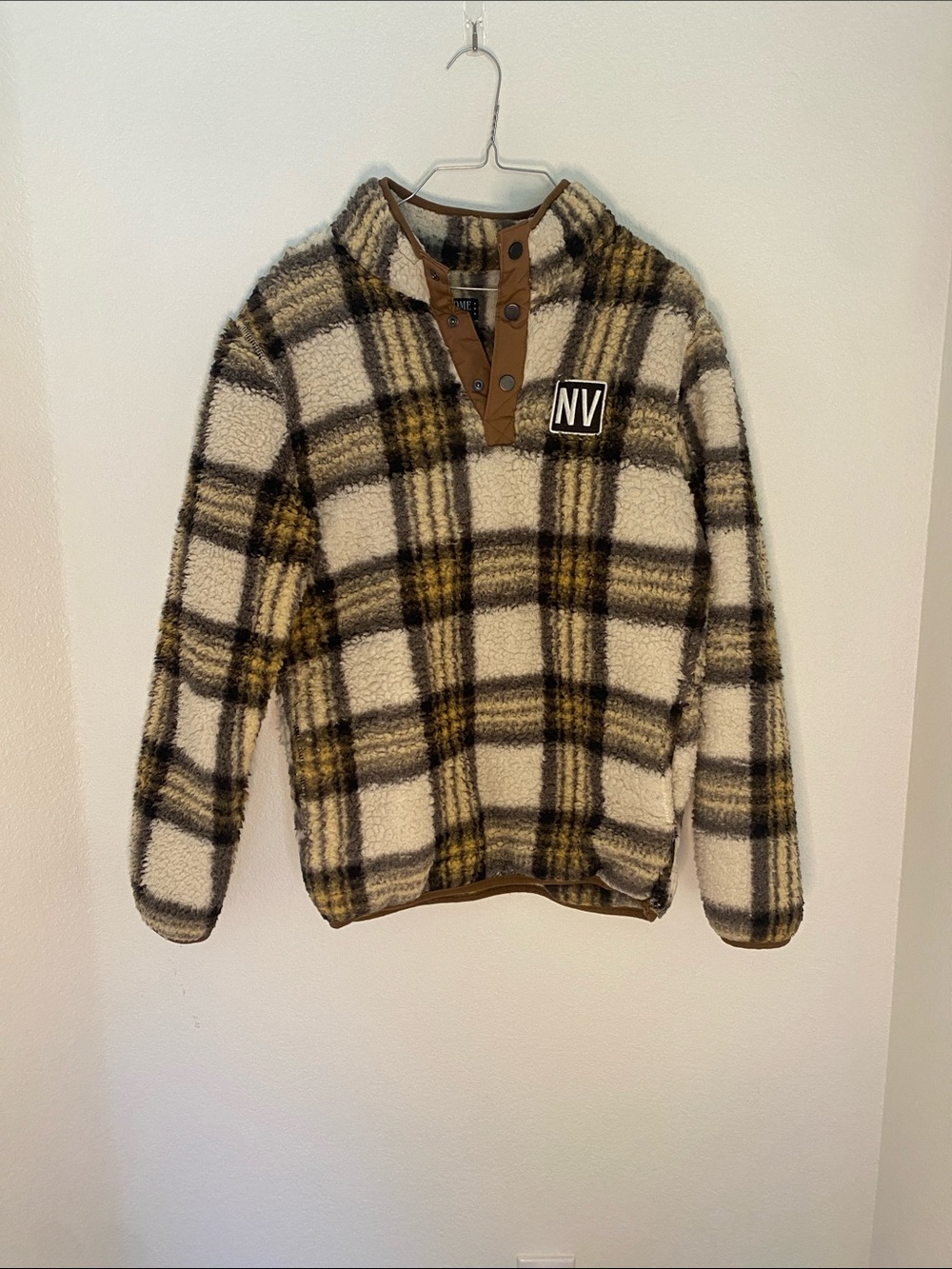 Plaid Sherpa Zip-Up Pullover - Cream & Brown